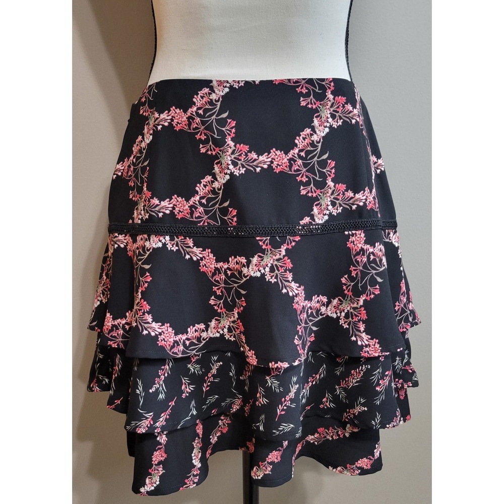 WHBM Black Floral Tiered Mini Skirt